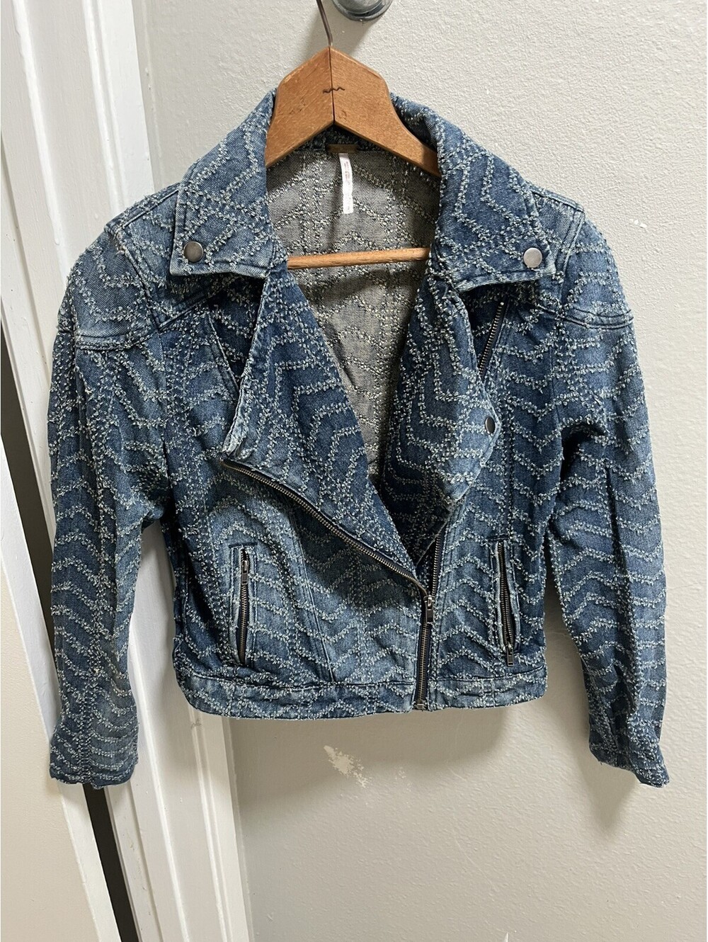 Free People Women's Blue Chevron Moto Biker Jacket Sz S